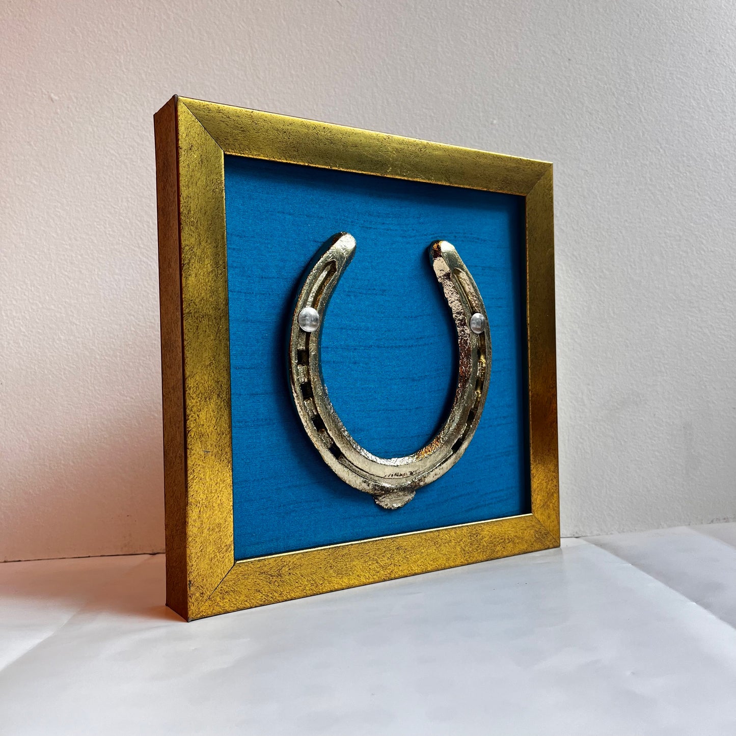 Good Luck Siver Horse Shoe with Blue silk background antique gold frame