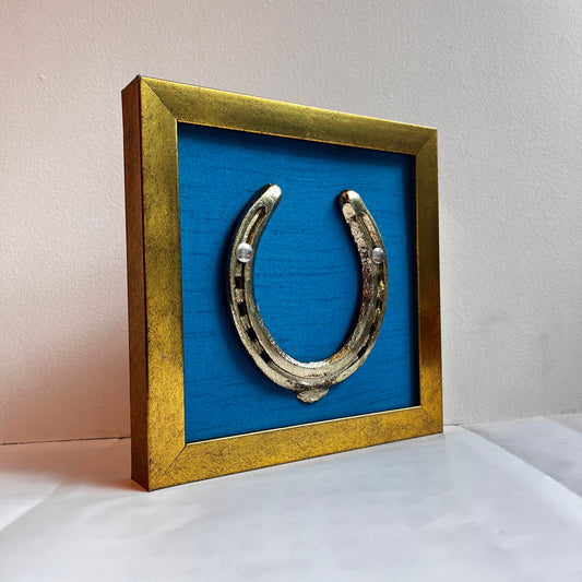 Good Luck Siver Horse Shoe with Blue silk background antique gold frame