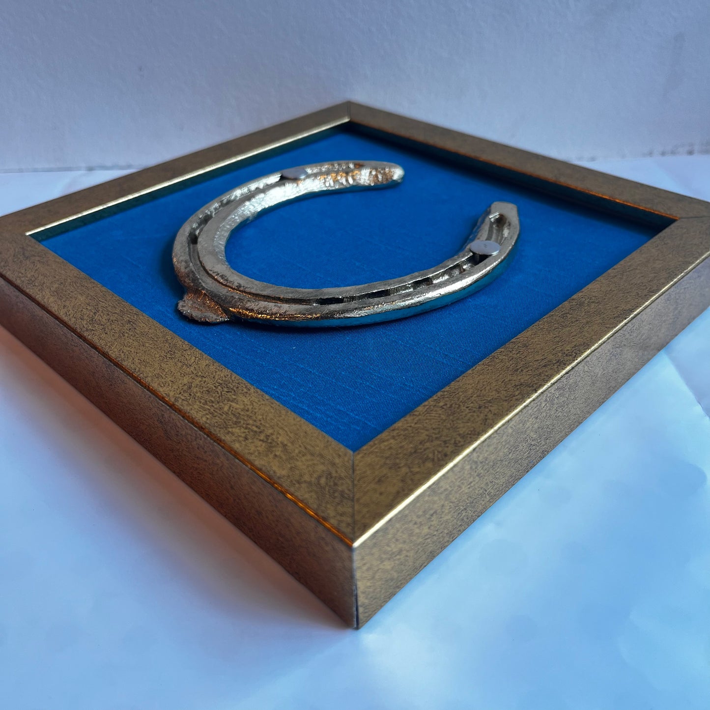 Good Luck Siver Horse Shoe with Blue silk background antique gold frame