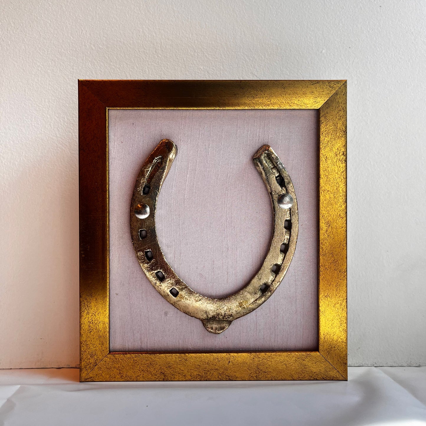 Brass Good Luck Horse Shoe with Lavender silk background in Gold frame