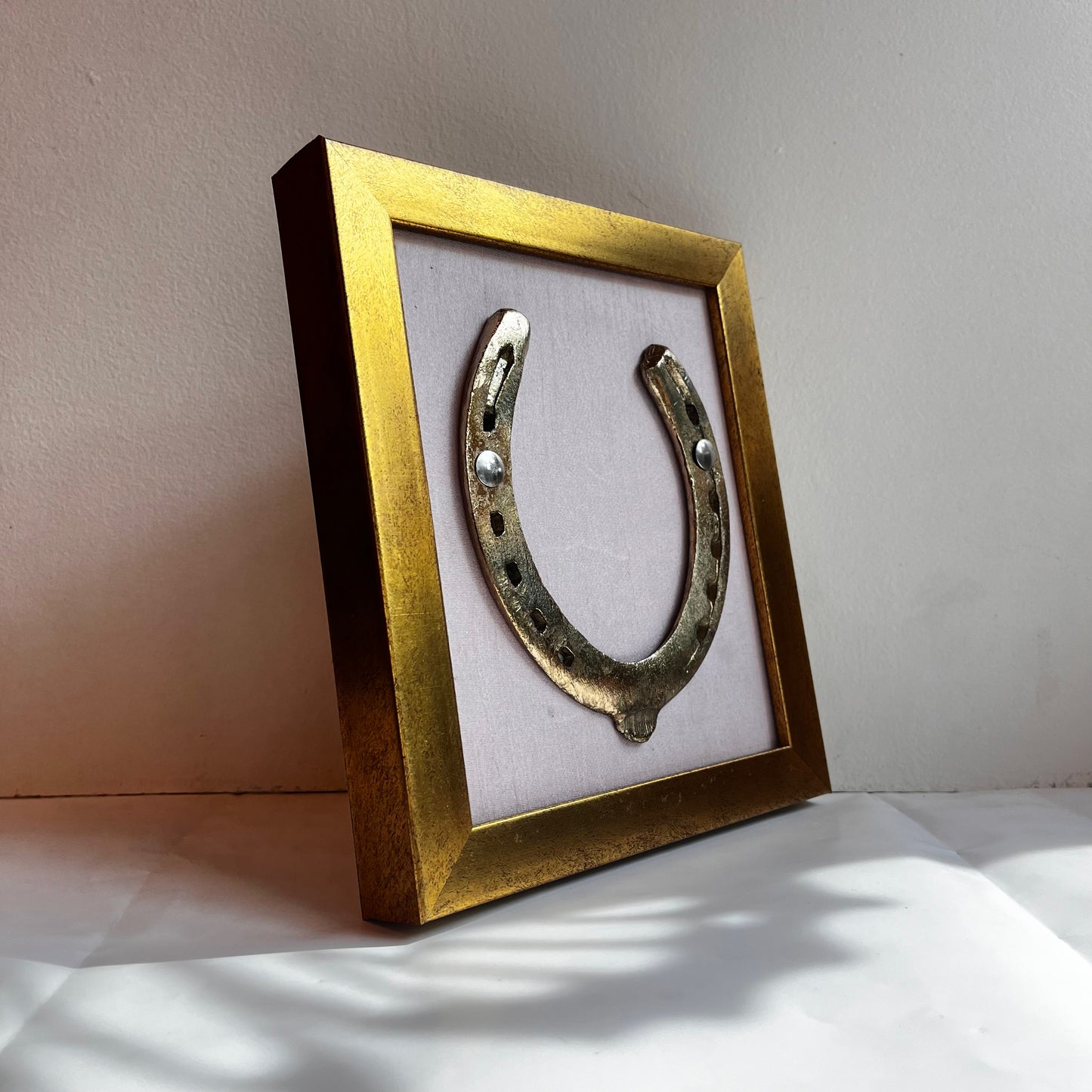 Brass Good Luck Horse Shoe with Lavender silk background in Gold frame