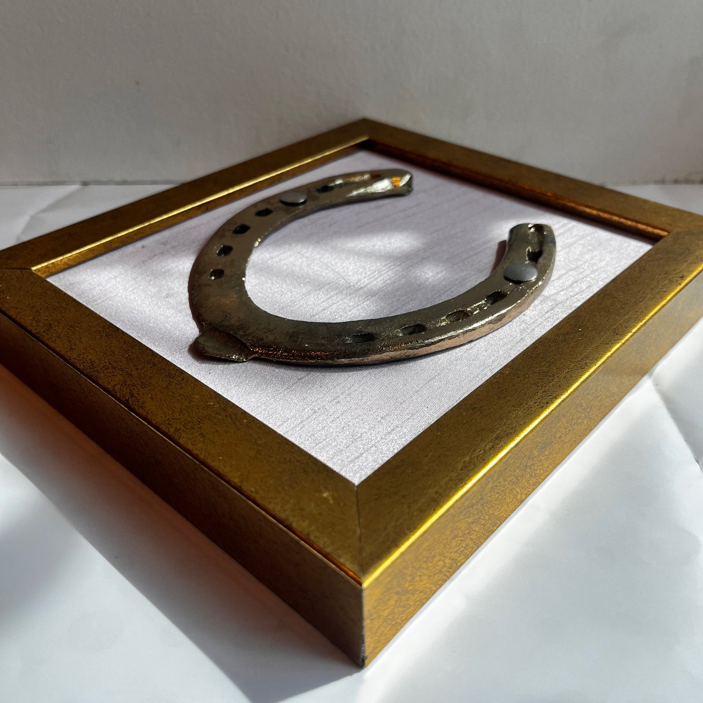 Brass Good Luck Horse Shoe with Lavender silk background in Gold frame