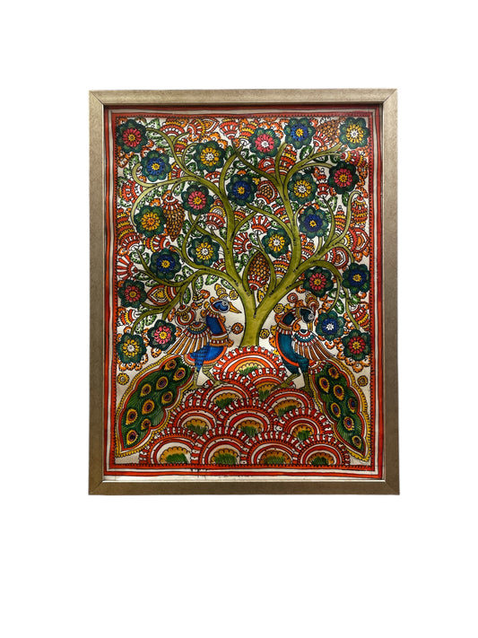 Authentic Handpainted Three Peacock beside flowers with Resin Frame