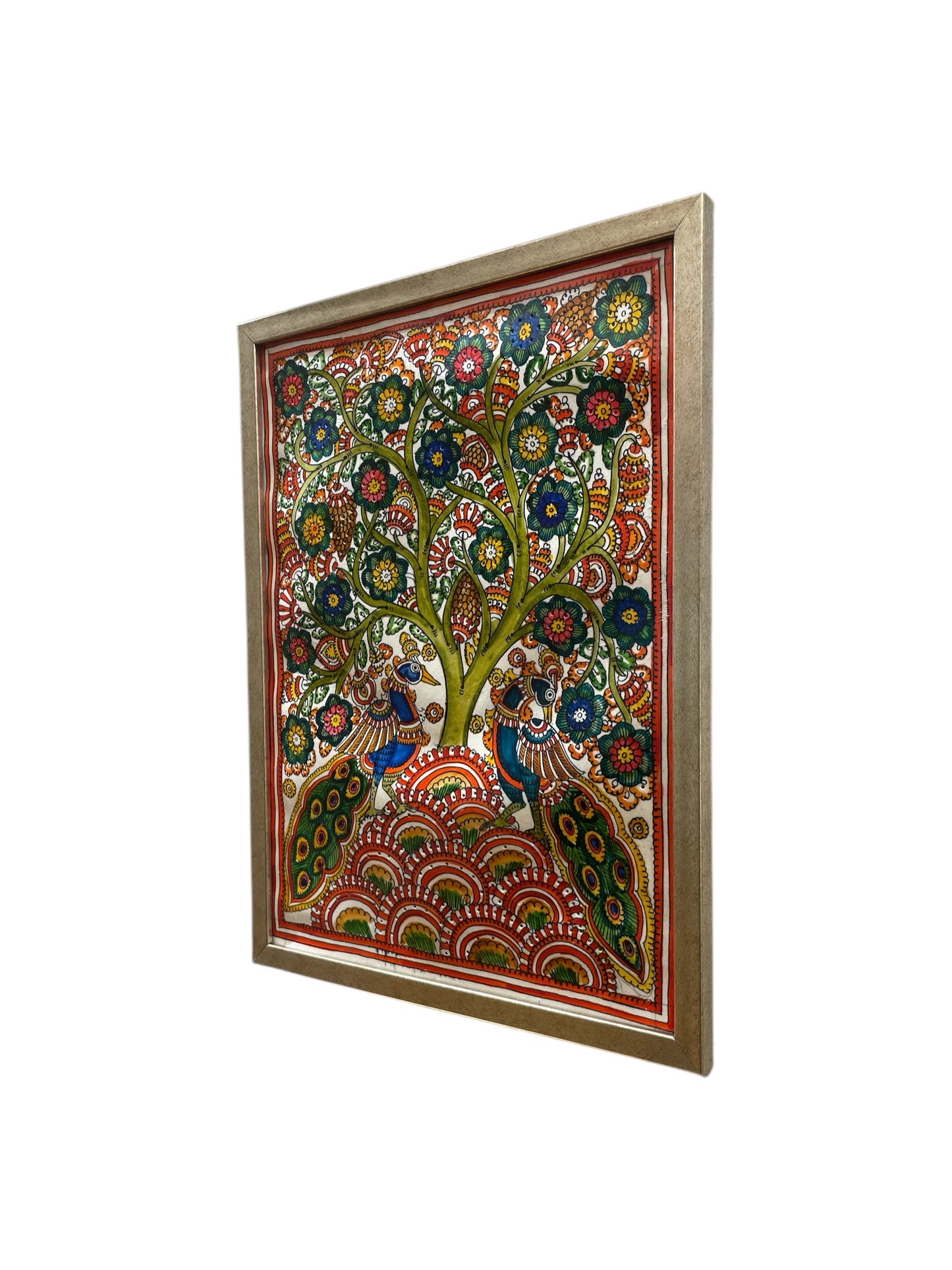 Authentic Handpainted Three Peacock beside flowers with Resin Frame