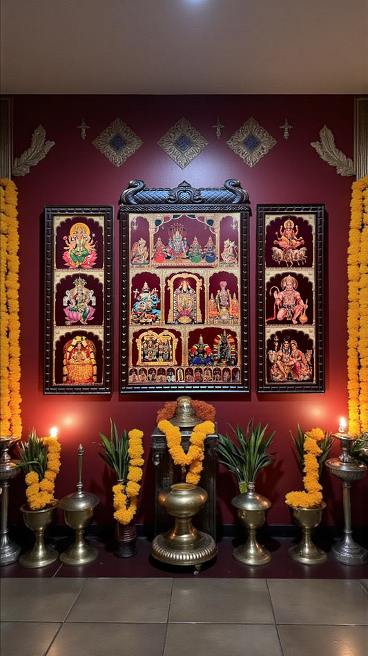 Set of 3 God Frames for Pooja Room | Gold Leaf Hindu God Wall Art