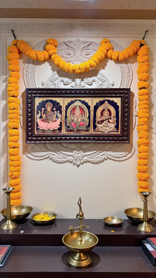 Ganesha Lakshmi Saraswati, New Gold foiled art with Engineer Wooden Frame