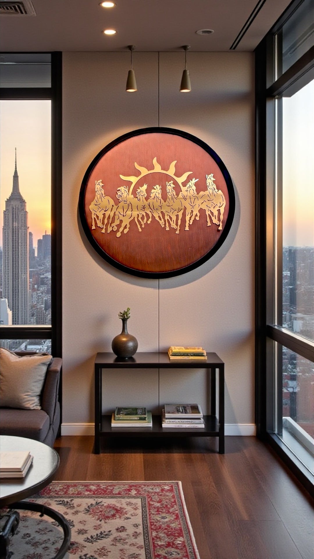 Titanium Metal 7 Running Horses Wall Art – 30 Inch Round Frame with Orange Silk Backdrop