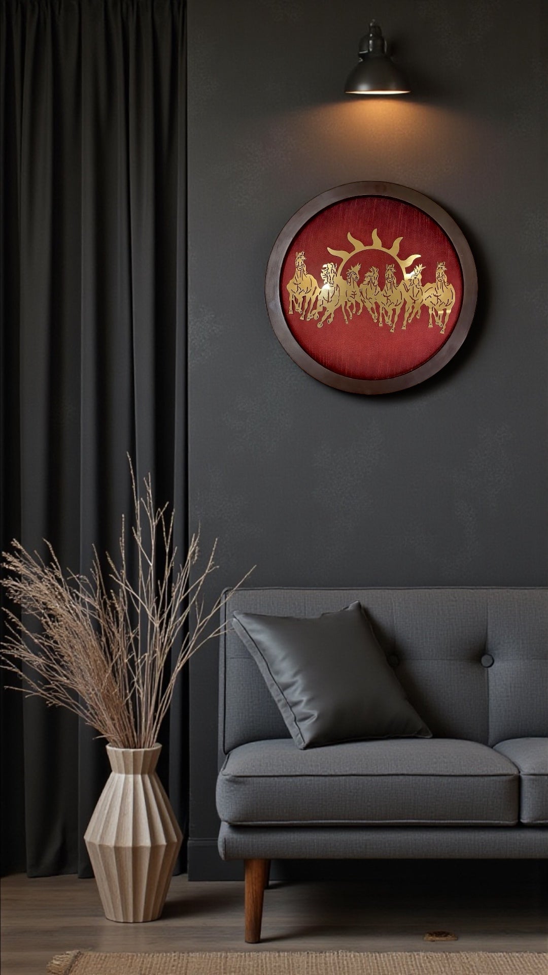 Titanium Metal 7 Running Horses Wall Art – 15 Inch Round Frame with Red Silk Backdrop | Luxury Living Room & Office Decor
