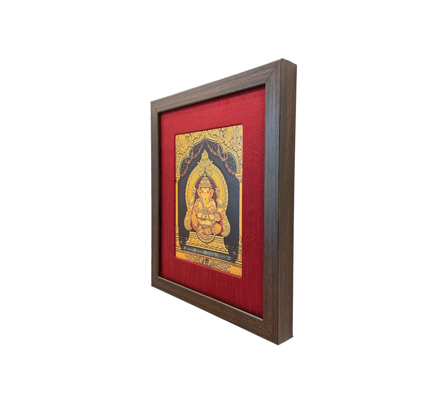 Shree Ganesha's Divine Presence with Red Silk With Brown Frame