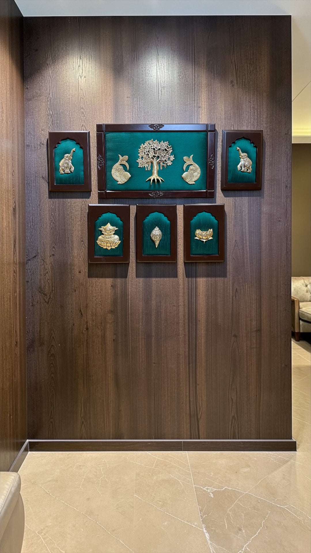 Premium Brass Kalpavriksha Wall Art Set with Shubh Labh, Elephants, Kalash & Shanku | Green Silk Backdrop | Engineer Wooden Frame