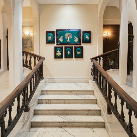 Premium Brass Kalpavriksha Wall Art Set with Shubh Labh, Elephants, Kalash & Shanku | Green Silk Backdrop | Engineer Wooden Frame