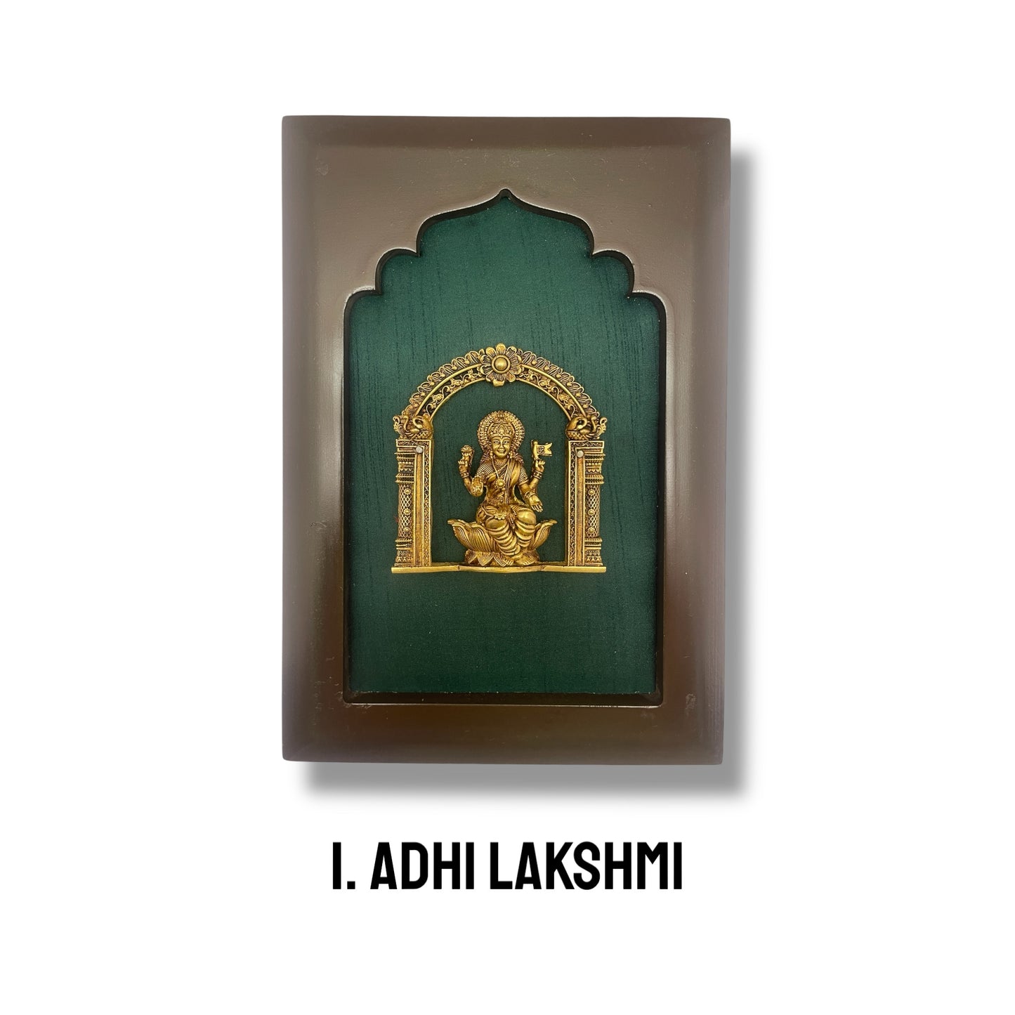 Asta Lakshmi Brass Set of 8 with Rama Green Silk in Wooden Frame