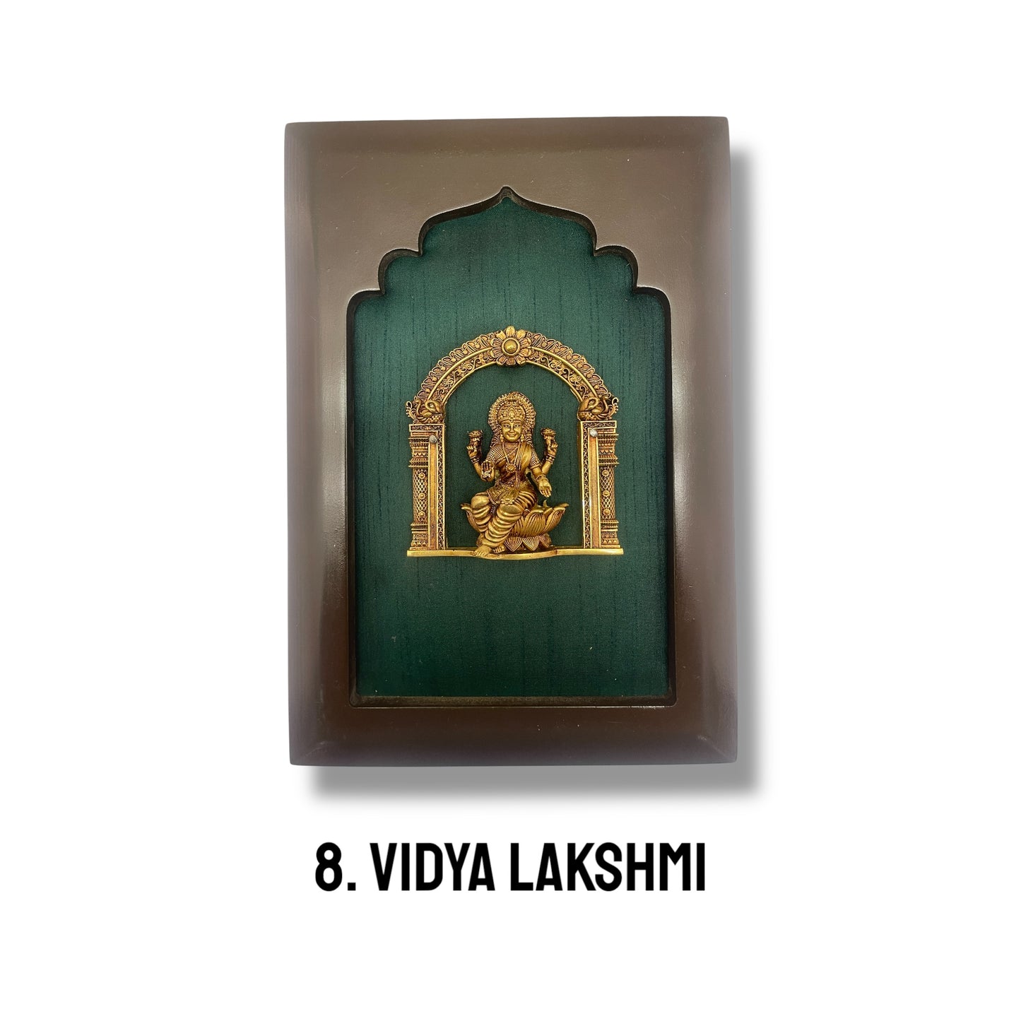 Astalakshmi Brass Set of 8 with Rama Green Silk in Wooden Frame
