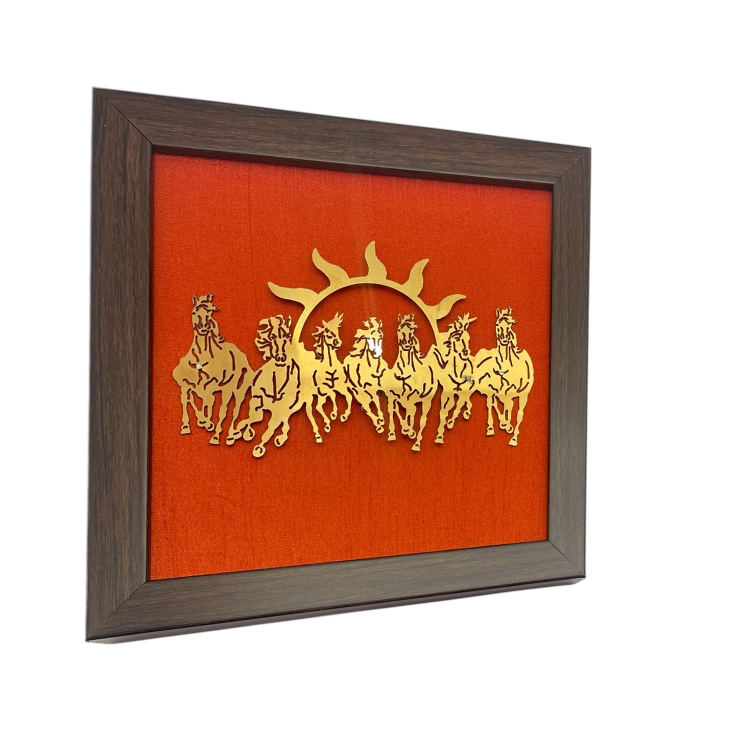 7 Running Horses with Red Silk in Brown Frame