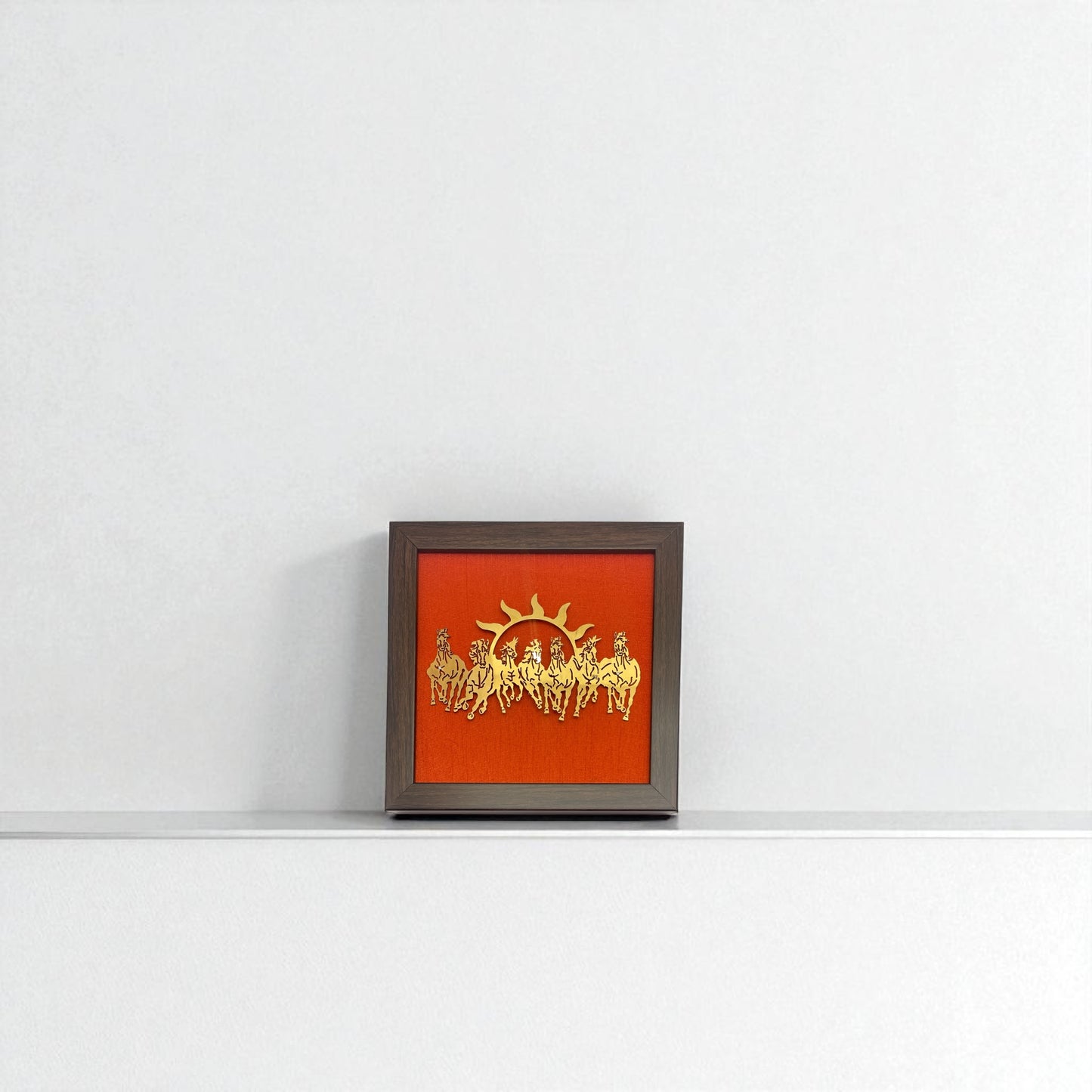 7 Running Horses with Red Silk in Brown Frame
