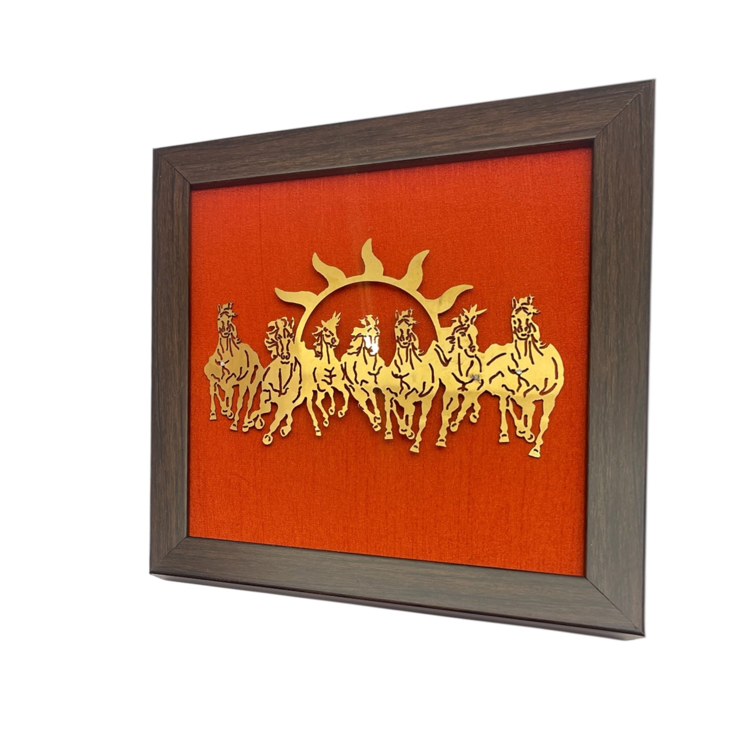 7 Running Horses with Red Silk in Brown Frame