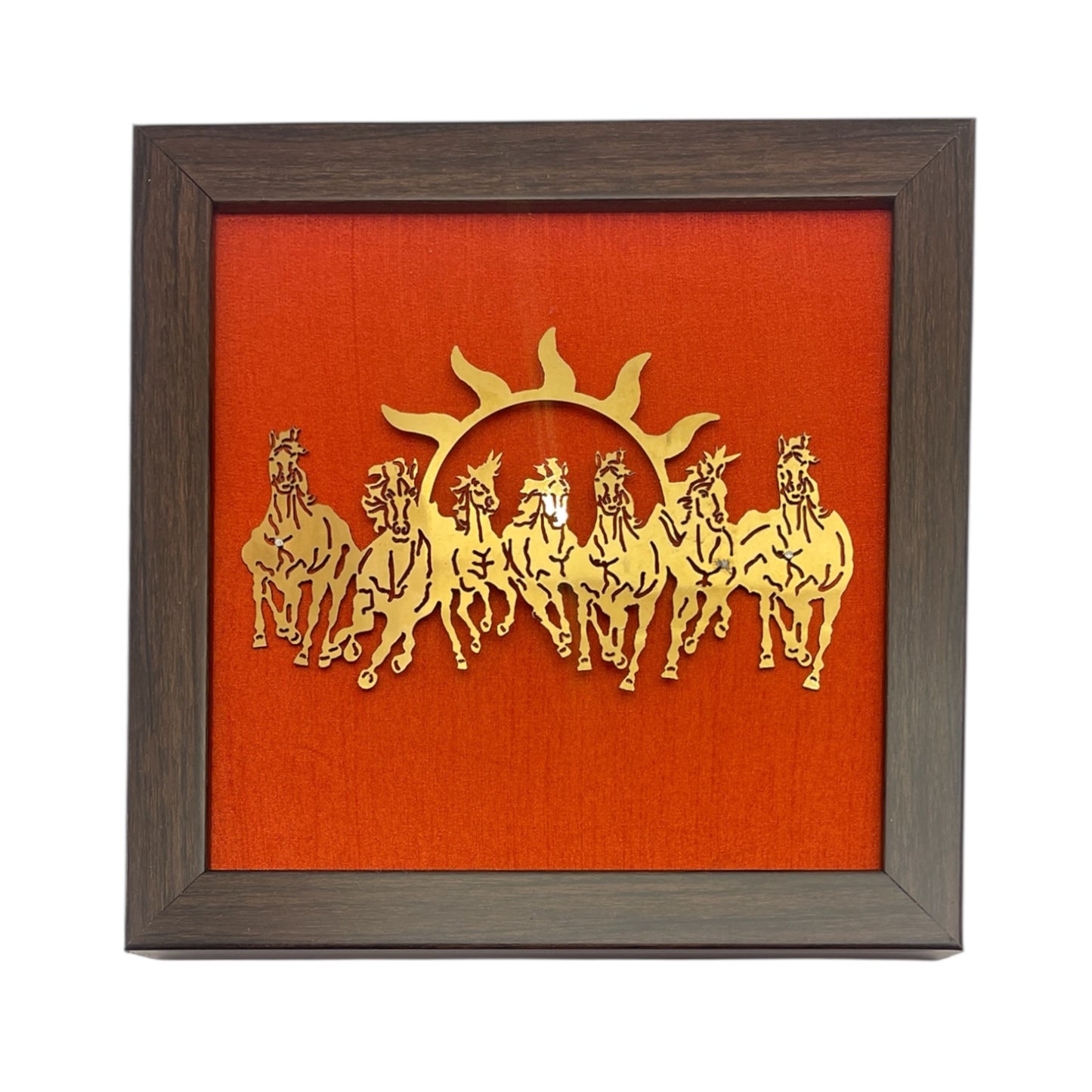 7 Running Horses with Red Silk in Brown Frame