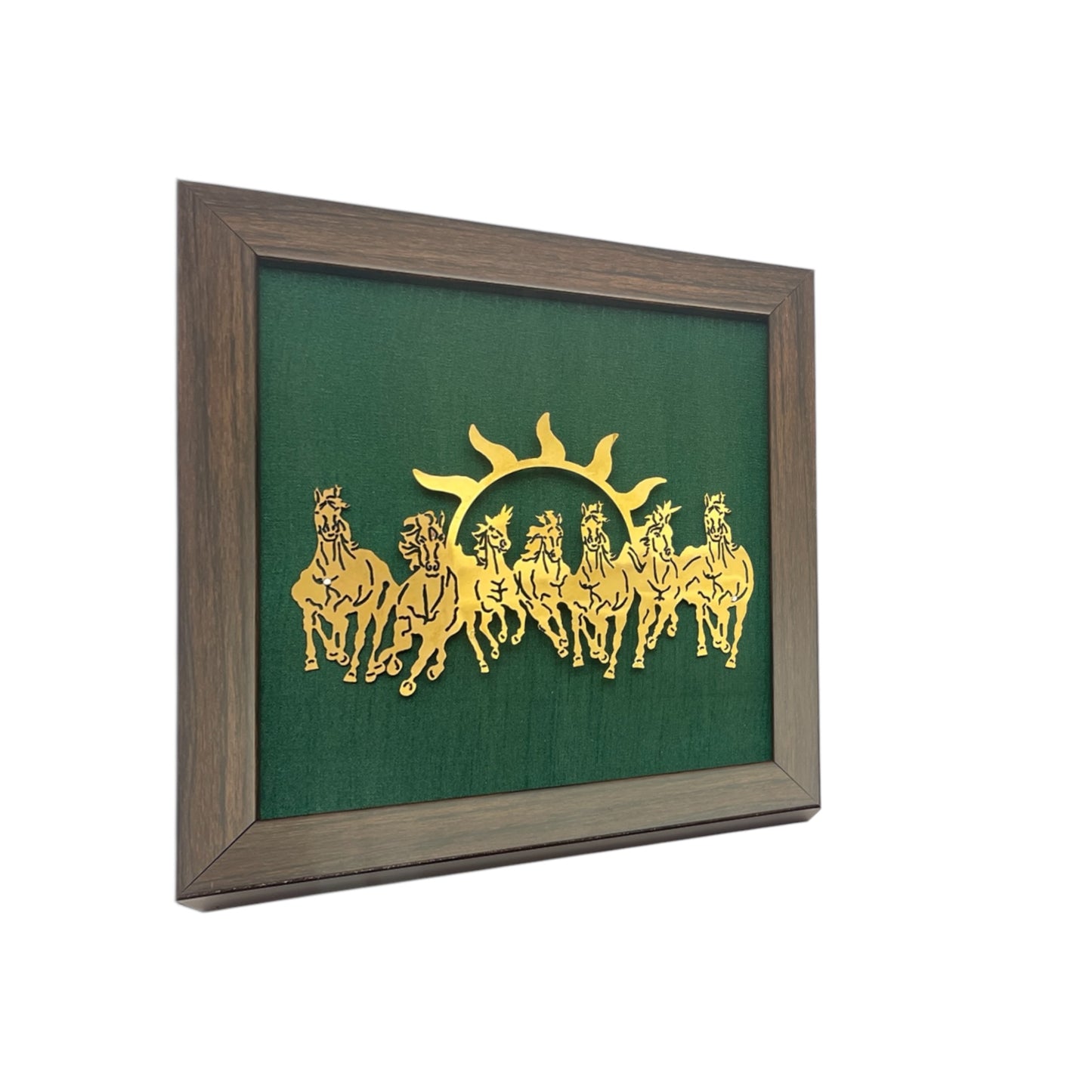 7 Running Horses with Green Silk in Brown Frame
