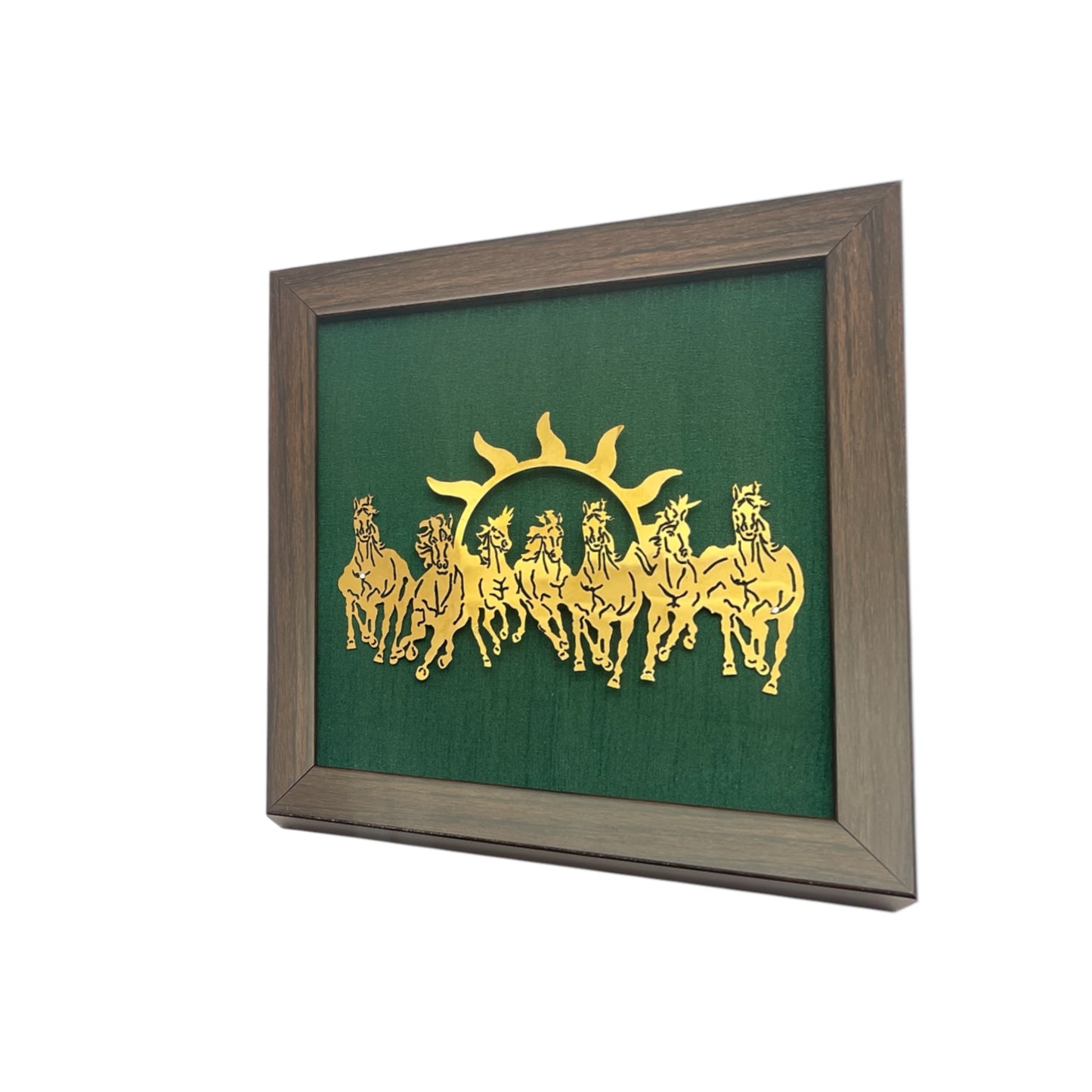 7 Running Horses with Green Silk in Brown Frame