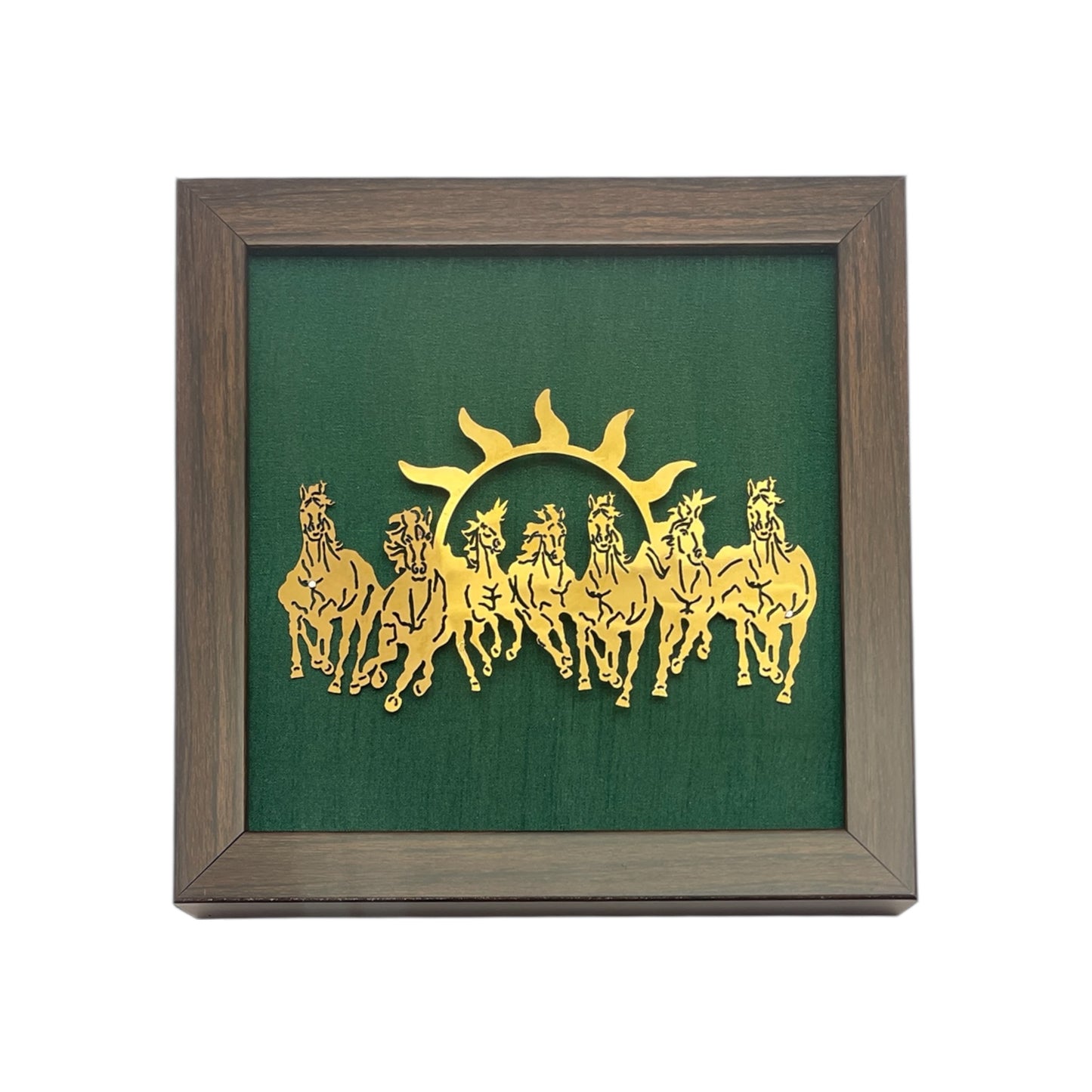 7 Running Horses with Green Silk in Brown Frame