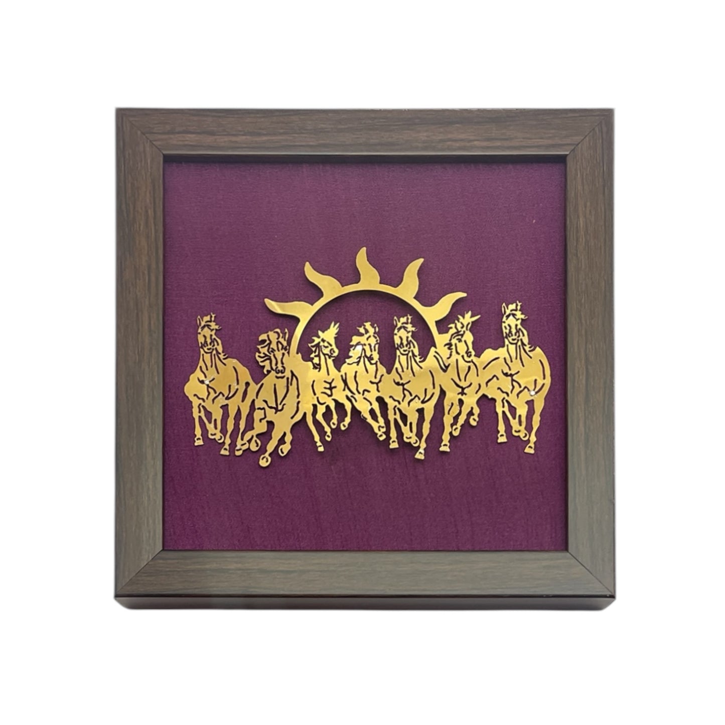 7 Running Horses with Purple Silk in Brown Frame