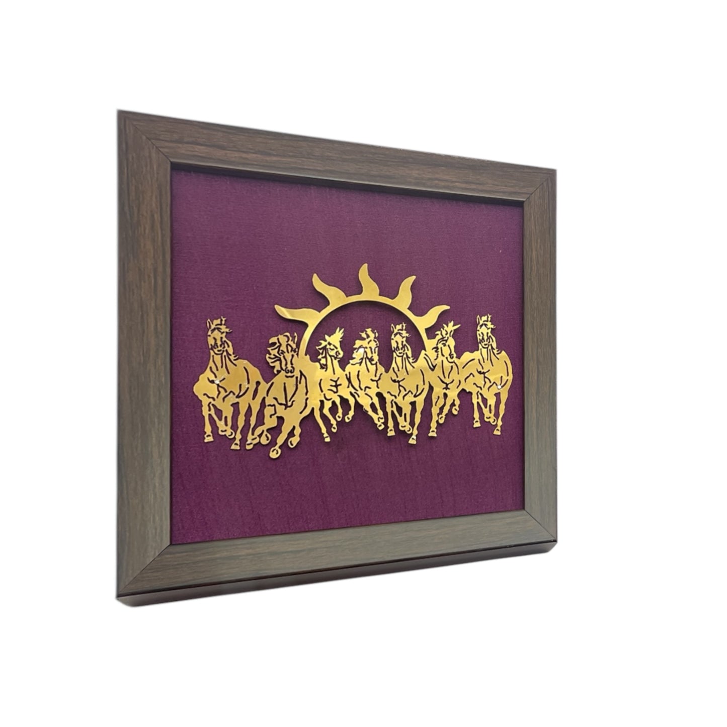 7 Running Horses with Purple Silk in Brown Frame