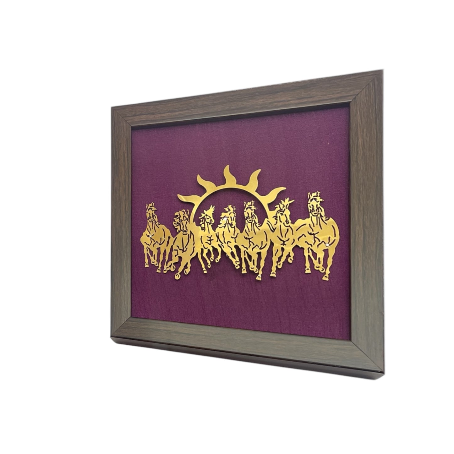 7 Running Horses with Purple Silk in Brown Frame