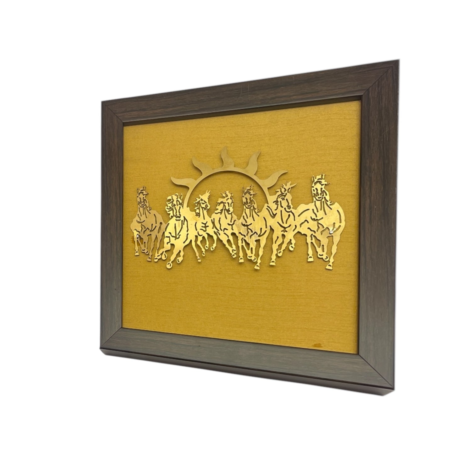 7 Running Horses with Gold Silk in Brown Frame