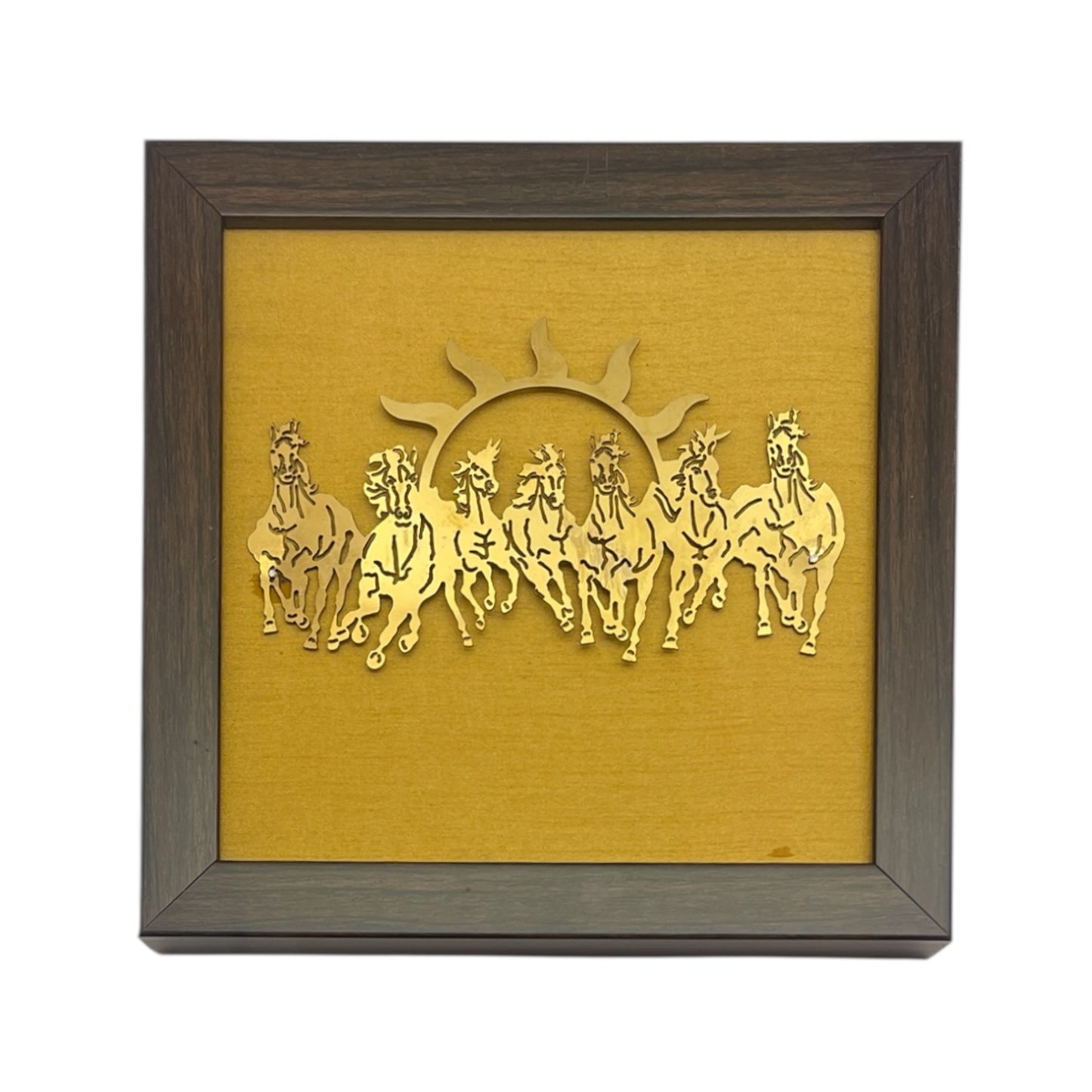 7 Running Horses with Gold Silk in Brown Frame
