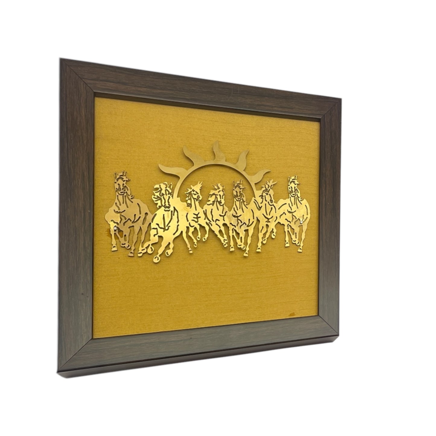 7 Running Horses with Gold Silk in Brown Frame