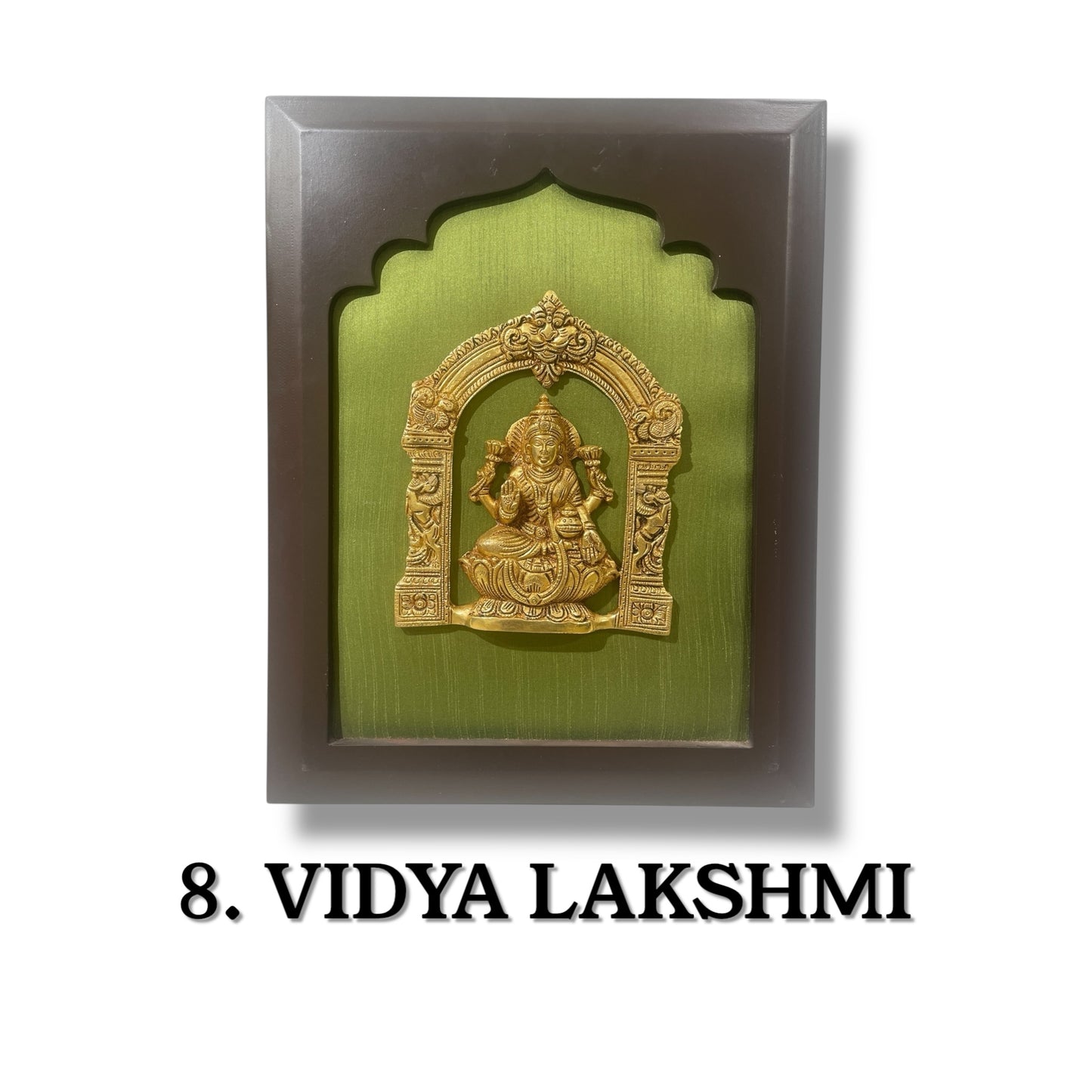 Astalakshmi Brass Set of 8 with Light Green Silk in Wooden Frame