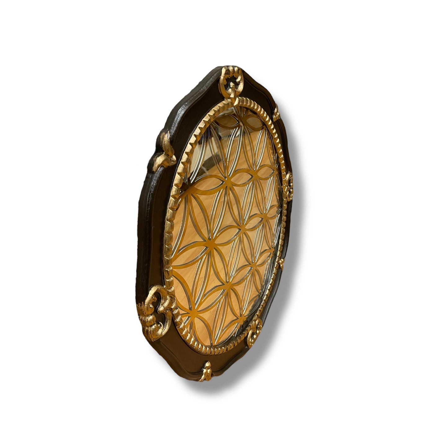 Flower of Life Wall Mirror – Sacred Geometry Design with Gold Etching & Ornate Brown Frame
