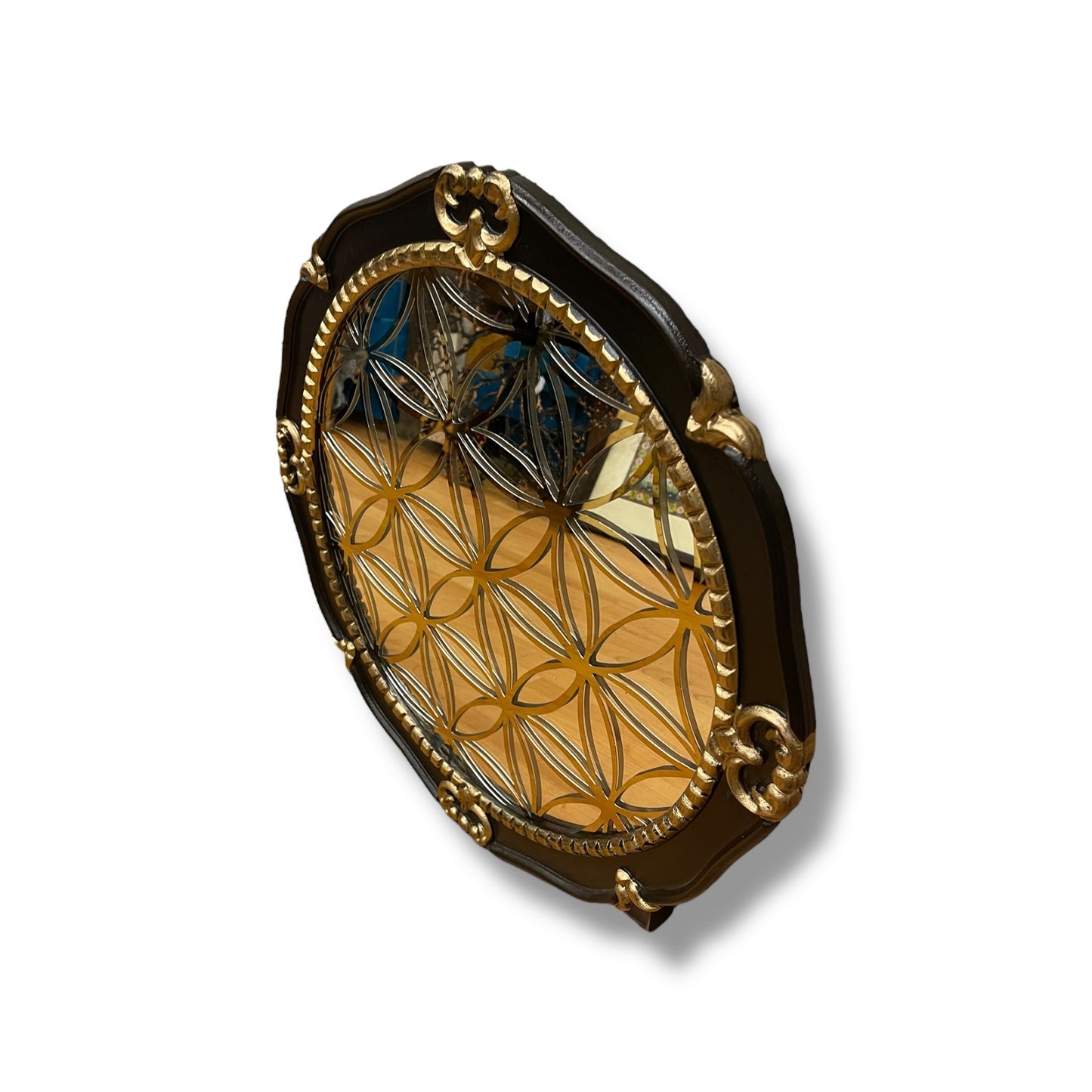 Flower of Life Wall Mirror – Sacred Geometry Design with Gold Etching & Ornate Brown Frame