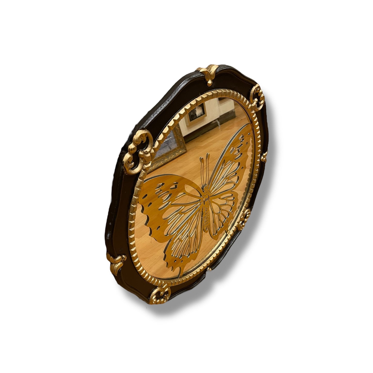 Elegant Butterfly Wall Mirror – Gold Engraved Art with Ornate Brown & Gold Frame