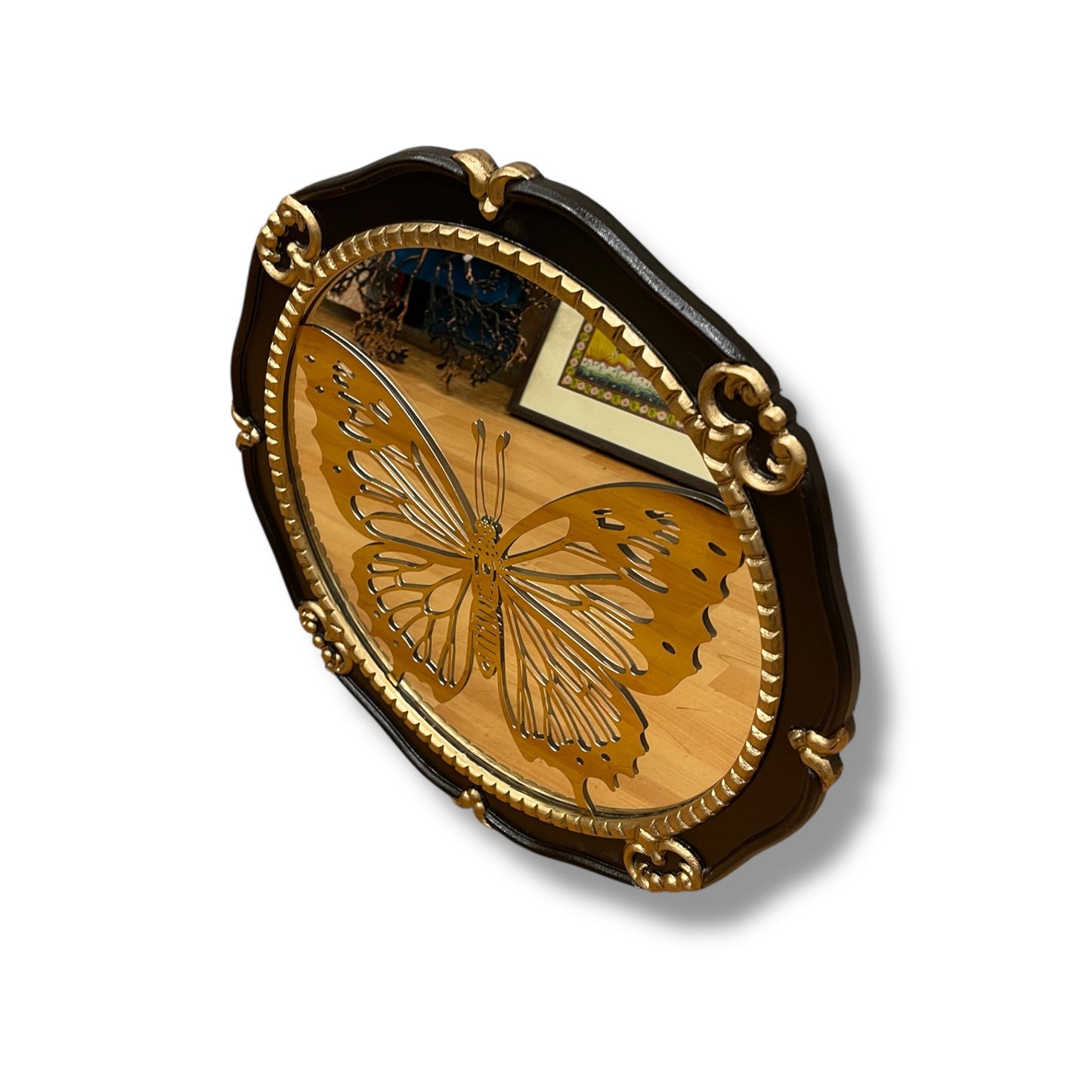 Elegant Butterfly Wall Mirror – Gold Engraved Art with Ornate Brown & Gold Frame
