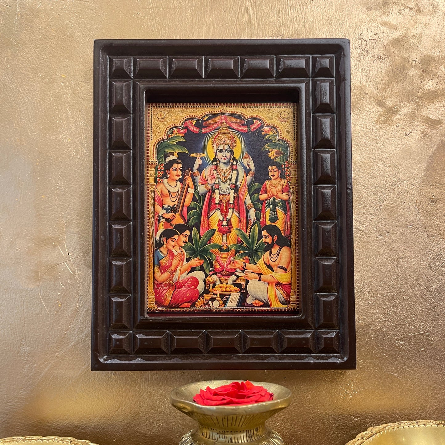Satyanarayana Swamy- 3 Gold Leafed art with Wooden Frame