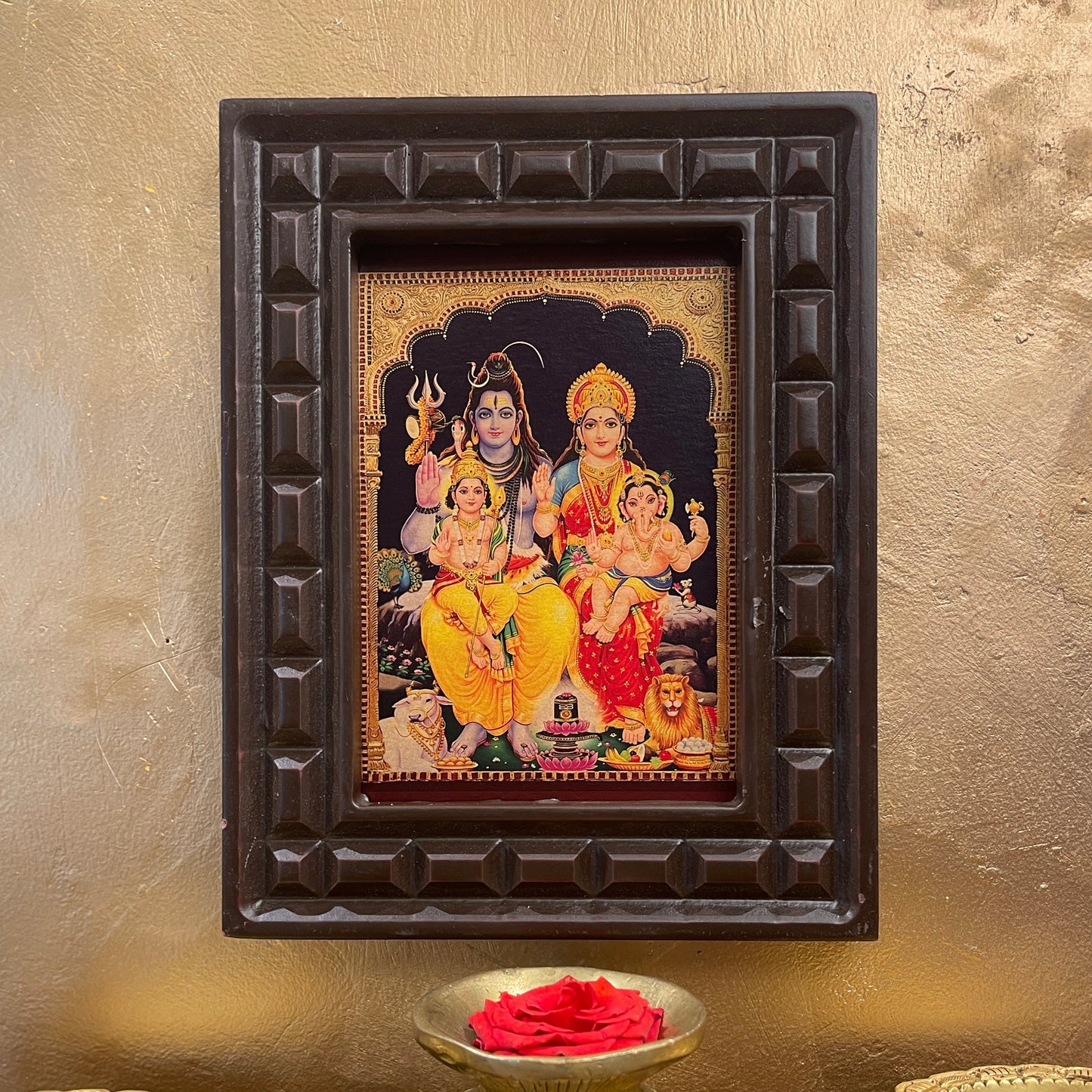 Shiva Parivar Gold Leafed Artwork with Wooden Frame