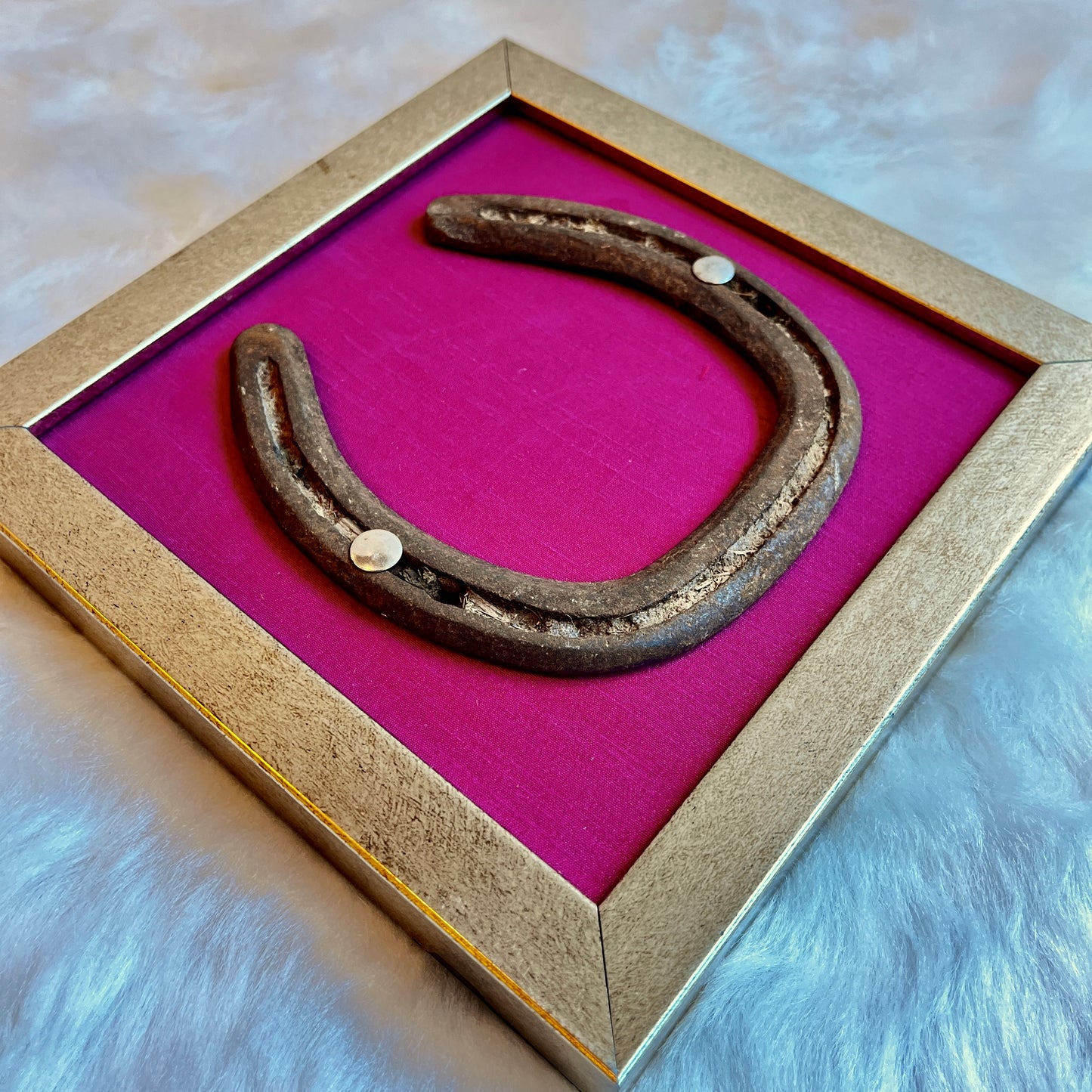Good Luck Horse Shoe Raani Pink silk background with Gold Frame