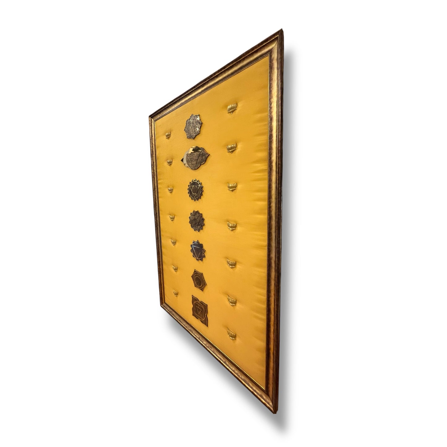 7 Chakra Wall Art | Sacred Energy Symbols crafted in titanium with brass lotus embellishments on Golden Silk | Framed decor to make a statement.