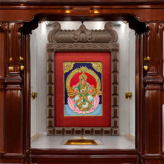 Goddess Saraswati Tanjore Painting in Temple-Style Wooden Frame