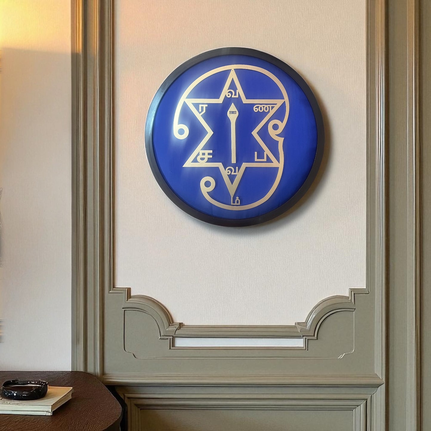 Om Saravana Bhava Vel & Star on Royal Blue silk Backdrop in (1 inch Circular wooden frame)