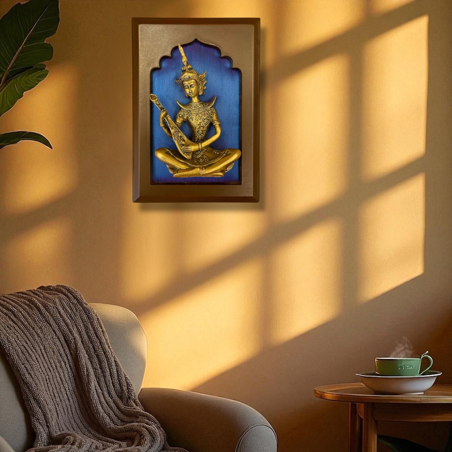 Brass Musician on Blue Silk in Wooden Frame