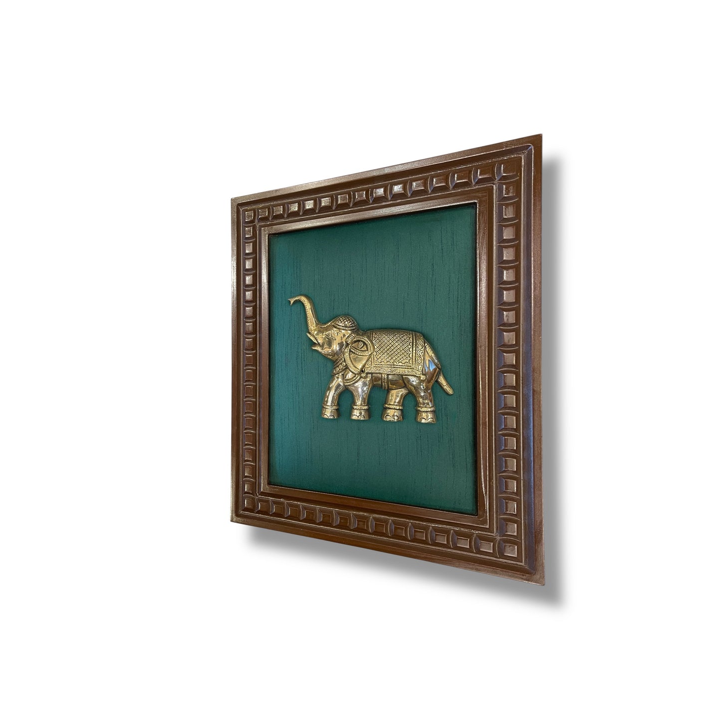 Brass Elephant With Rama Green Silk in Wooden Frame
