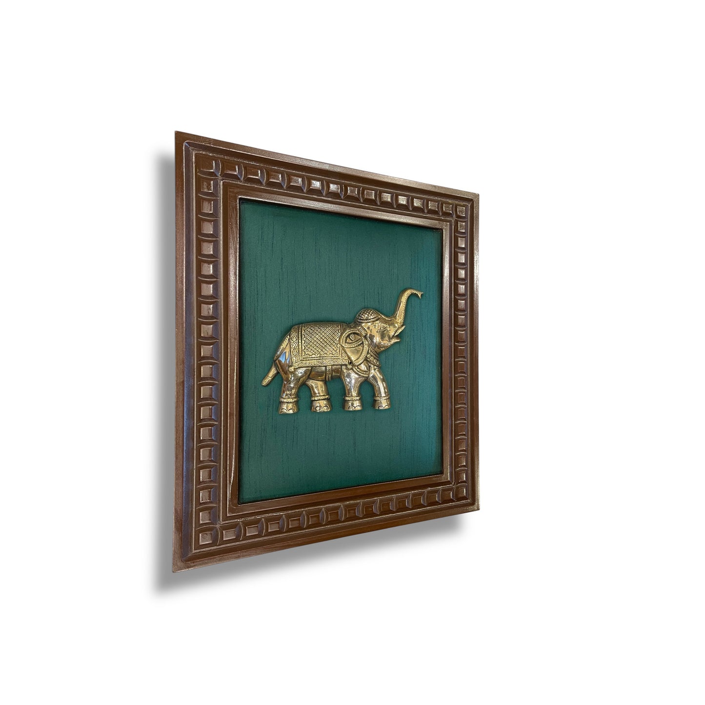 Brass Elephant With Rama Green Silk in Wooden Frame