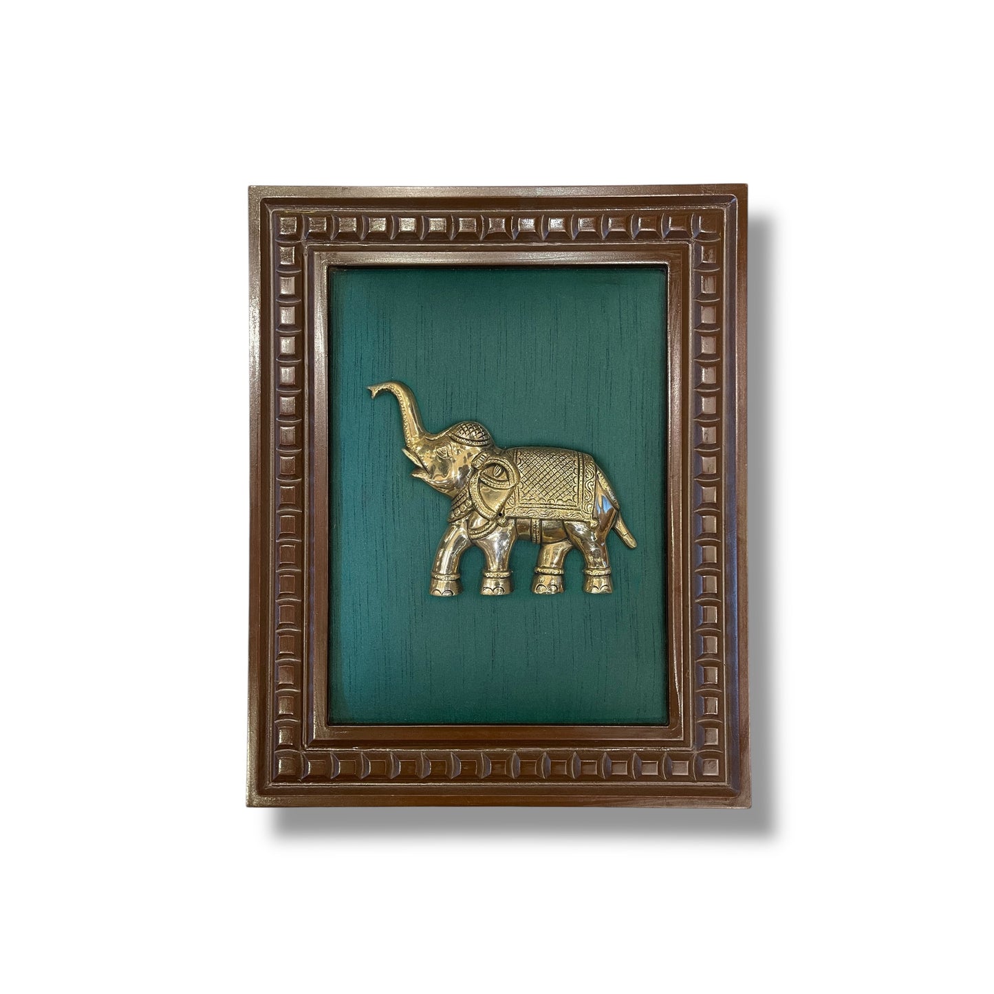 Brass Elephant With Rama Green Silk in Wooden Frame