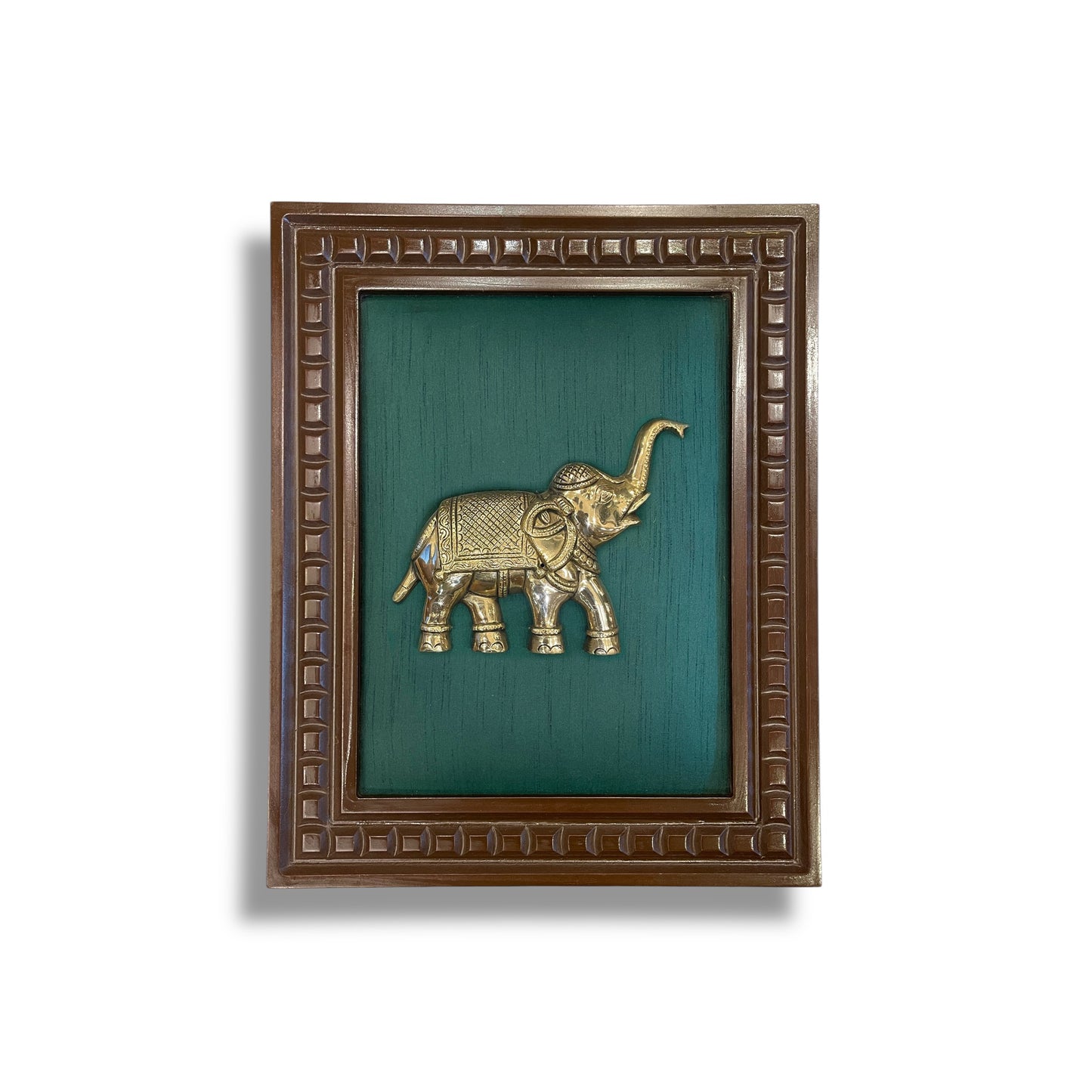 Brass Elephant With Rama Green Silk in Wooden Frame