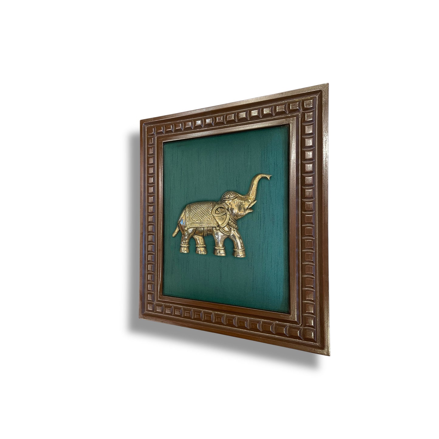 Brass Elephant With Rama Green Silk in Wooden Frame