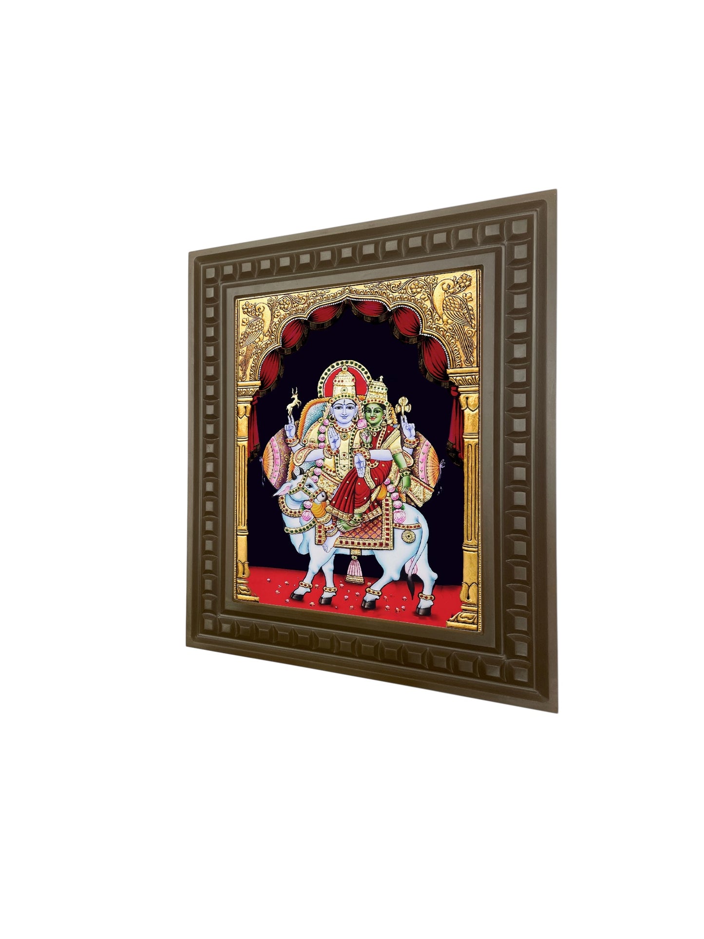 Shiva -Parvati On Nandi gold leafed art within a wooden frame
