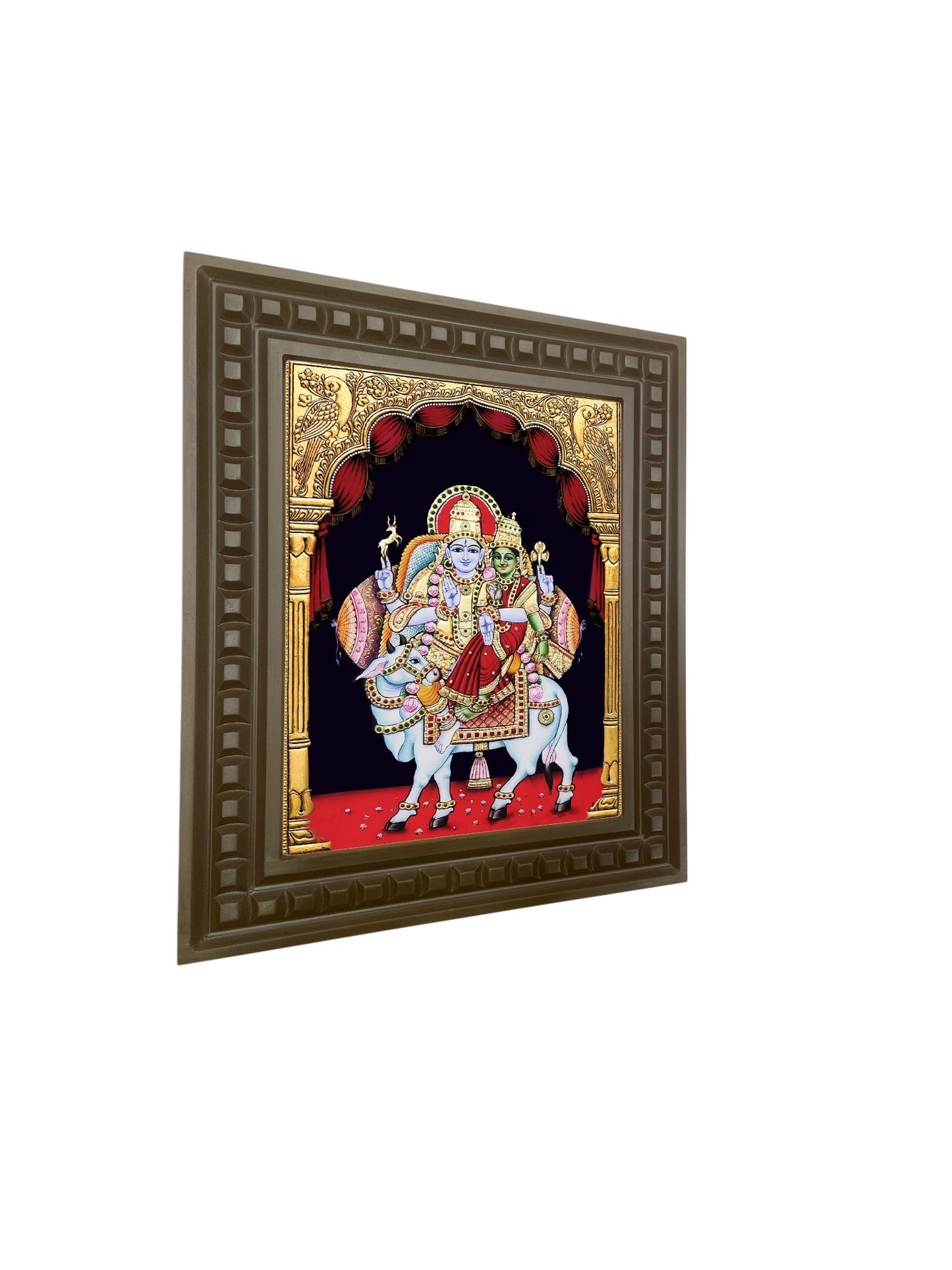 Shiva -Parvati On Nandi gold leafed art within a wooden frame
