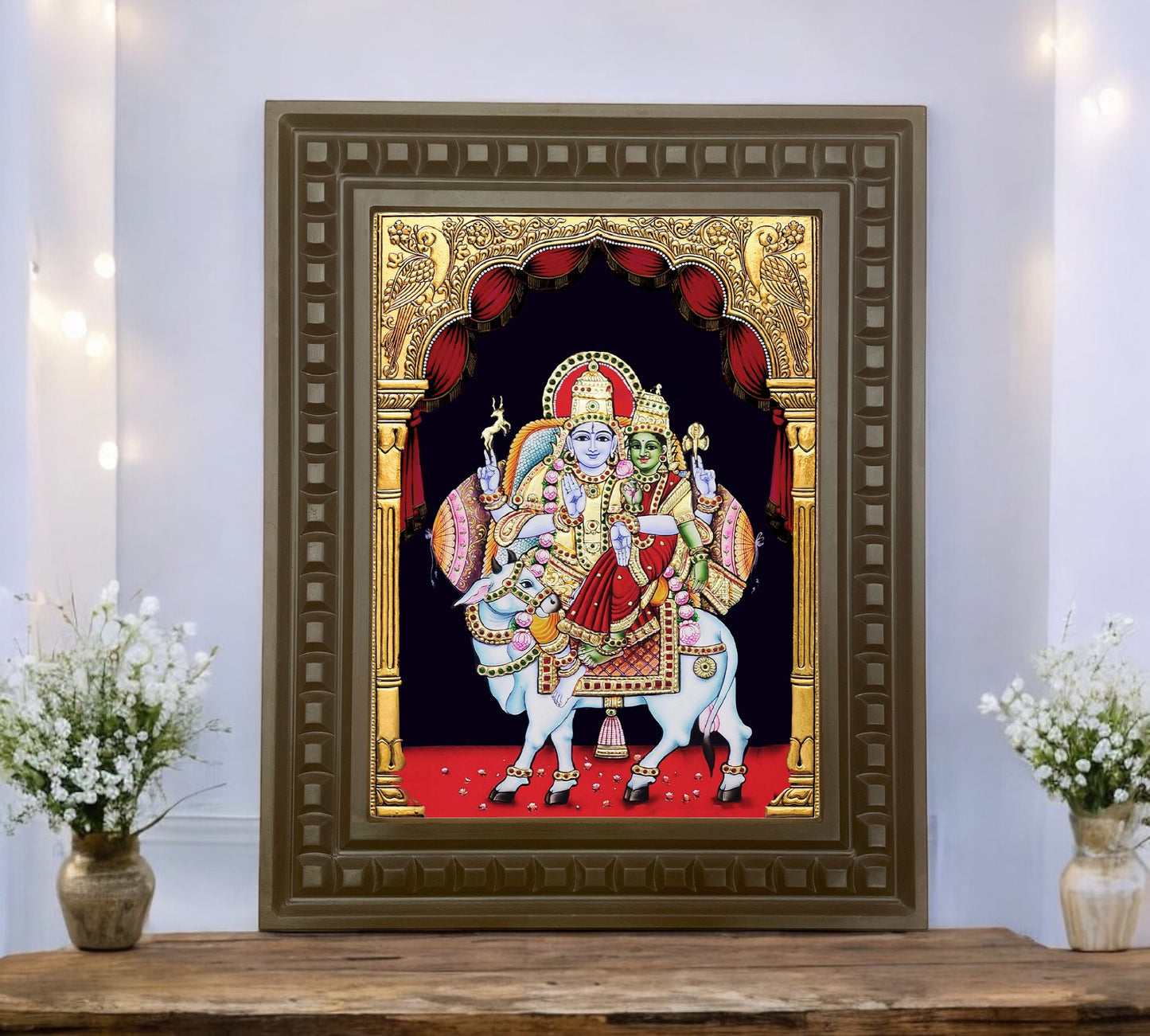 Shiva -Parvati On Nandi gold leafed art within a wooden frame
